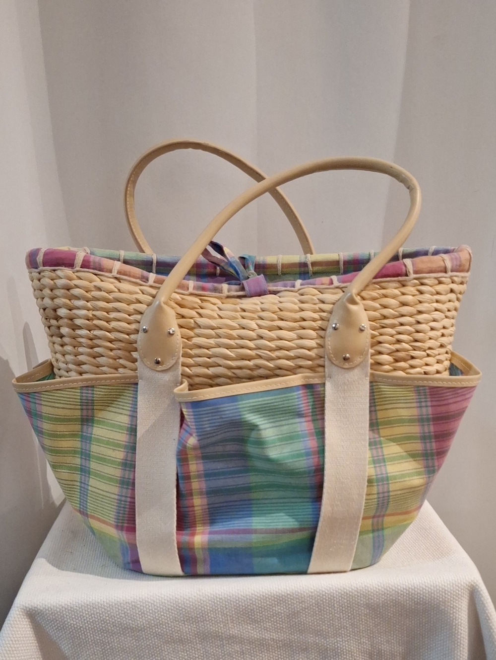 Ralph Lauren Pastel Plaid Straw-Top BeachTote - Picture 4 of 16